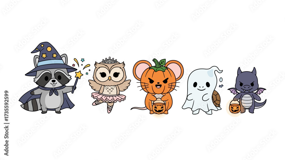 Obraz premium Halloween Critter Gathering: A delightful assortment of Halloween-themed critters, each in festive costumes, create a whimsical scene perfect for the spooky season!