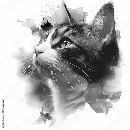 Black and white watercolor cat portrait with artistic paint splashes