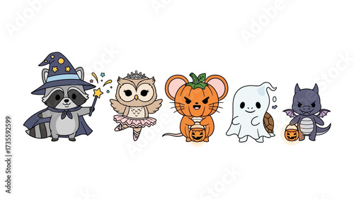 Halloween Critter Gathering: A delightful assortment of Halloween-themed critters, each in festive costumes, create a whimsical scene perfect for the spooky season!