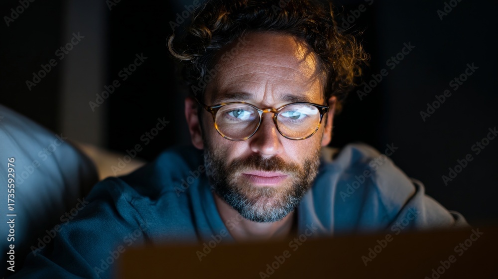 Obraz premium Man working on laptop in bedroom.