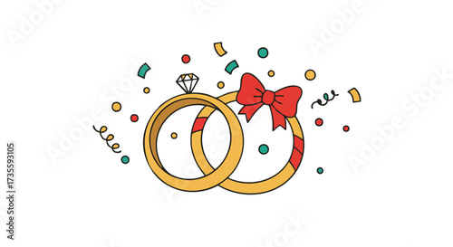 Two golden wedding rings tied with a red ribbon and confetti.