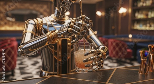 Elegant Art Deco Robot Bartender Mixing a Cocktail