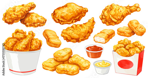 フライドチキンとチキンナゲットのセット,手羽元,衣,ファストフード,水彩風