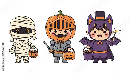 Spooky Squad: A trio of cute youngsters dressed in spooky Halloween costumes – a mummy, pumpkin knight, and bat – each joyfully holding a trick-or-treat basket, celebrating the fun of Halloween!