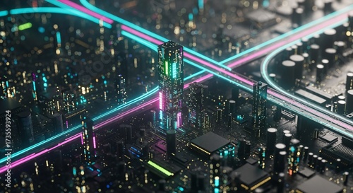 Cyberpunk Circuit Board City at Night