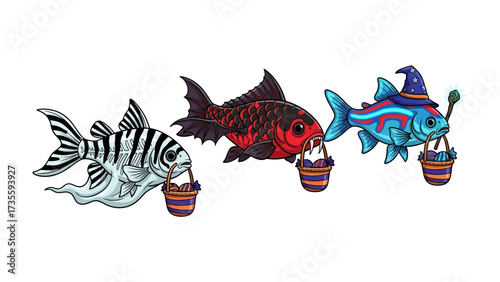 Whimsical Trio: A colorful illustration showcases three fantasy fish, each uniquely adorned with themed elements, accompanied by a basket. This vibrant composition captures a playful atmosphere.
