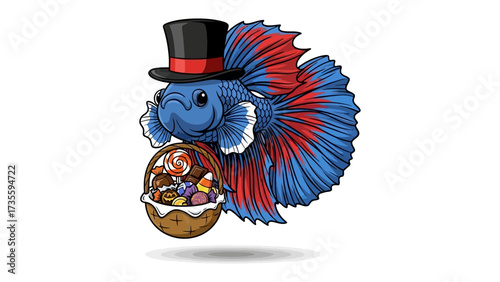 Enchanting Betta Fish: A whimsical betta fish adorned in a stylish top hat, carrying a delightful basket filled with colorful candies. It's a charming illustration that captures playful spirit.