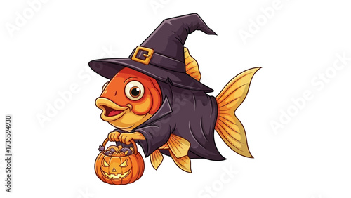 Spooky Halloween Fish: An adorable goldfish dons a witch's hat and cloak, clutching a pumpkin-shaped treat basket, all set against a vibrant Halloween theme. 