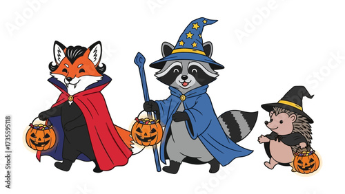 Halloween Woodland Creatures: A captivating illustration of a fox, raccoon, and hedgehog, each adorned in Halloween costumes, embarking on a trick-or-treating adventure.
