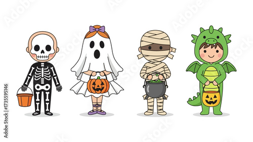 Halloween Fun: An inviting illustration captures the spirited essence of Halloween, presenting four charming characters adorned in festive costumes. Each one poised with their trick-or-treat pumpkins.