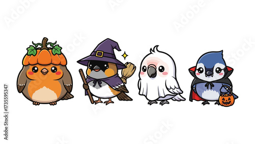 Festive Feathered Friends: A charming array of animated birds, each dressed in whimsical costumes, ready to bring a touch of playful fright to your spooky celebrations.