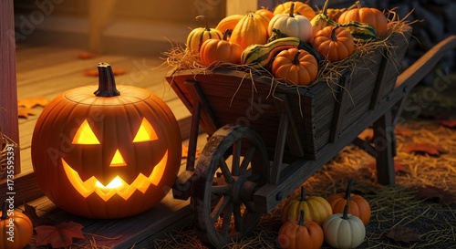 A lit jackolantern sits beside a rustic wheelbarrow filled with pumpkins and gourds amidst autumnal foliage