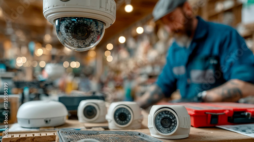 Technician working with modern surveillance cameras in workshop for security system installation