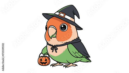 Halloween Parrot: An adorable lovebird parrot dons a whimsical witch's hat and cape, clutching a charming pumpkin pail, embodying Halloween spirit in a vibrant illustration.