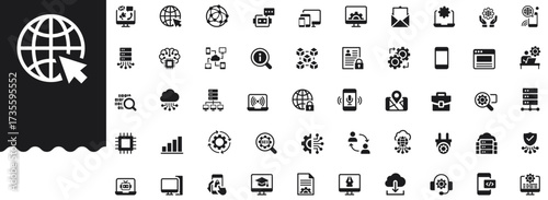 Information Technology solid icon set features network, cloud computing, internet, security, programming, AI, connection, analytics, server and data symbols. Professional, minimal vector collection.