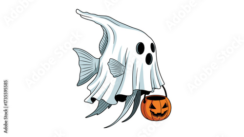 Ghostly Aquarium Creature: A whimsical illustration depicting a playful fish disguised as a ghost, delighting in the spirit of Halloween, complete with a grinning pumpkin.