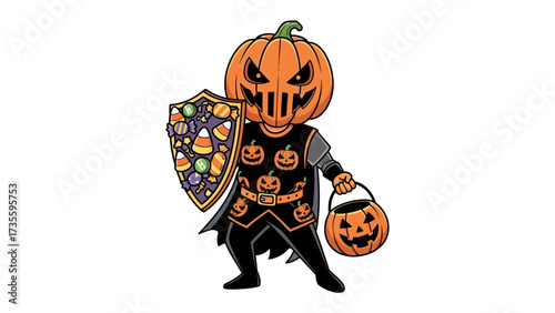 The Spooky Sentinel: A fierce jack-o'-lantern-headed figure brandishing candy-filled shield and treat basket, embodying the playful menace of Halloween.