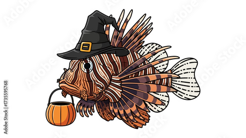 Halloween Lionfish: An artful Halloween illustration features a lionfish adorned in a whimsical witch's hat, playfully holding a jack-o'-lantern treat bucket, creating a festive scene.