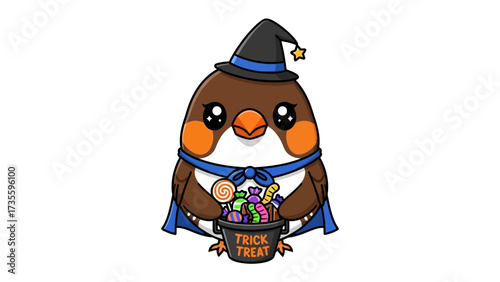 Enchanting Halloween Bird :A charming cartoon bird in a whimsical witch costume, proudly clutches a Trick or Treat bucket brimming with candy and sweets.