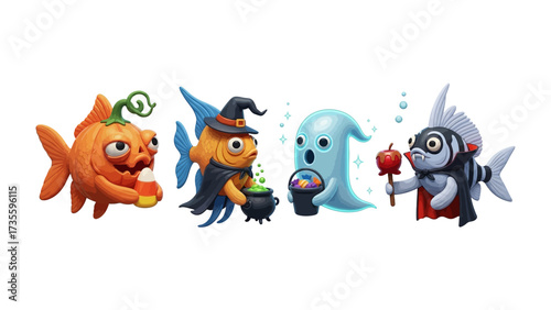Underwater Halloween Carnival: An imaginative underwater scene featuring playful, stylized cartoon fish in Halloween costumes.