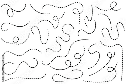 Hand drawn curve dotted line vector set. Path travel dotted line trip dashed trace destination track plan and silhouette, travelling symbol . Transport dot paths lines traces tourism design. 