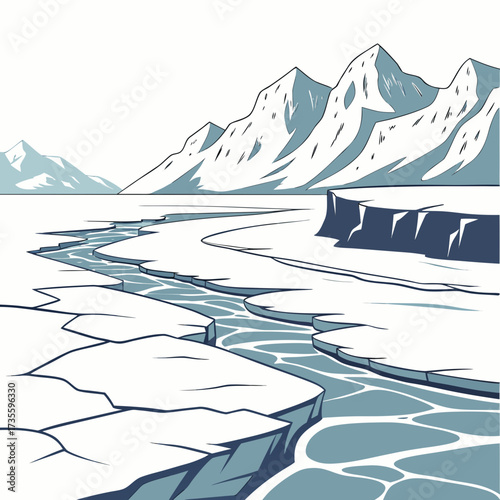 Vector art of arctic landscape with ice floes and mountains a serene scene of the frozen north, capturing the stark beauty and vastness of the polar region in a minimalist style