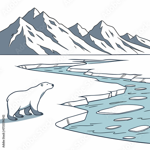 Vector art of polar bear in arctic landscape with ice floes and mountains a serene scene of the frozen north, capturing the stark beauty and vastness of the polar region