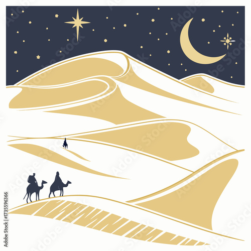 Illustration of a desert landscape at night with dunes, stars, and a crescent moon, featuring silhouettes of travelers on camels, the scene evokes a sense of adventure and mystery