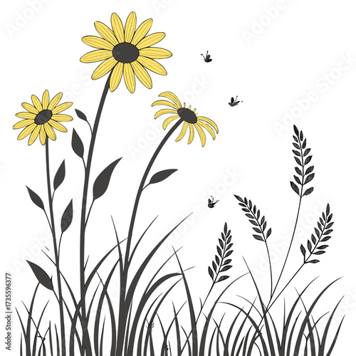 Vector art of a beautiful illustration featuring a group of yellow daisies with black centers, surrounded by tall grass and wheat stalks, butterflies flutter around the flowers