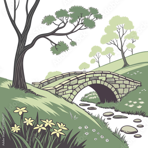 Vector art of a picturesque stone bridge gracefully arches over a gentle stream, framed by lush green hills and trees, creating a serene and idyllic countryside scene