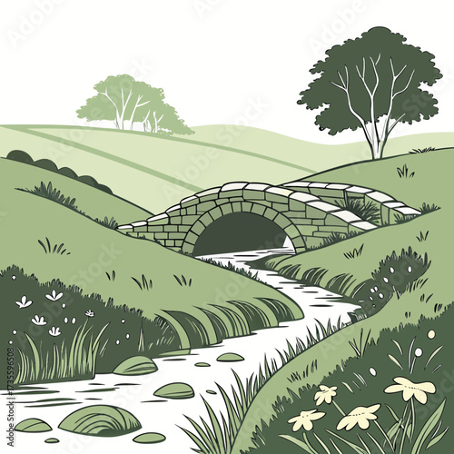 Vector art of a charming stone bridge spans a tranquil stream, surrounded by rolling green hills and lush vegetation, creating a peaceful and inviting countryside vista