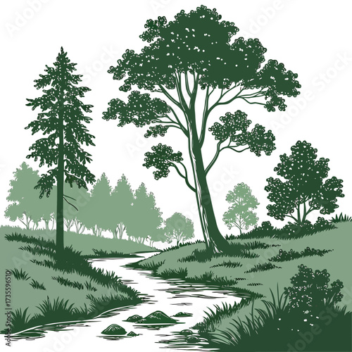 Vector art of a serene vector illustration of a lush green landscape, featuring a winding stream, towering trees, and rolling hills, evoking a sense of tranquility and natural beauty