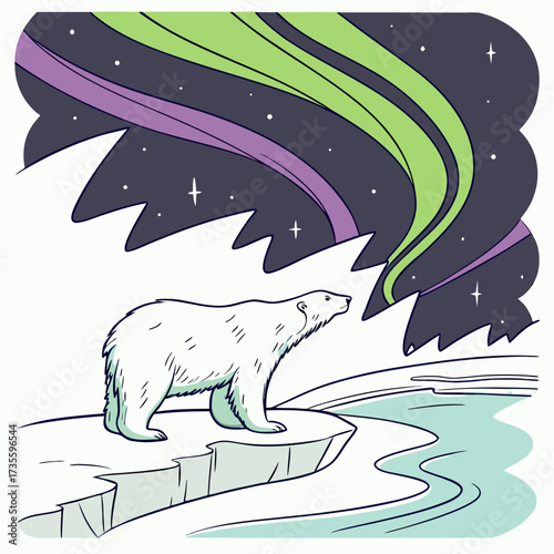 Vector art of a majestic polar bear stands on an icy cliff under the mesmerizing aurora borealis, creating a captivating arctic scene, full of wonder and beauty