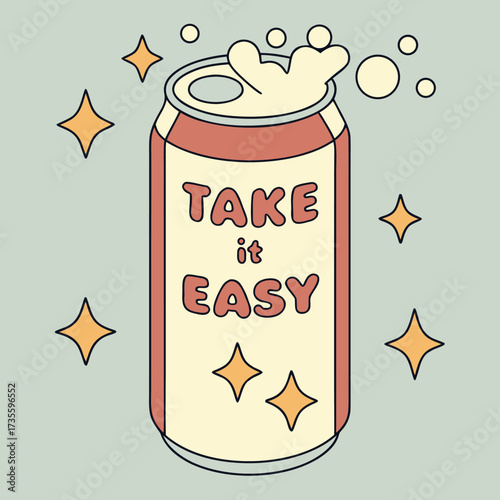 Vector art of a retrostyle soda can with the words take it easy on it, surrounded by sparkling stars and bubbles