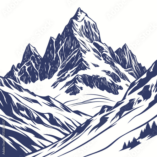 Vector art of a majestic mountain range covered in snow, a serene winter landscape the rugged terrain and pristine white snow create a stunning contrast, capturing the beauty of nature