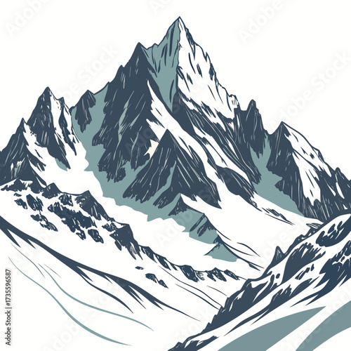 Vector art of majestic mountain peak covered in snow, a serene winter landscape the rugged terrain and pristine white snow create a stunning contrast, capturing the beauty of nature
