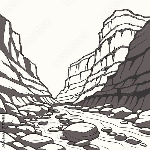 Vector art of a grand canyon with a flowing river and rocky terrain, a natural wonder the towering cliffs and serene river create a stunning contrast, capturing the beauty of nature