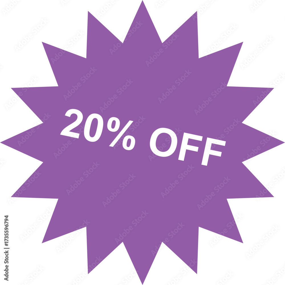 Fototapeta premium Eye catching twenty percent off discount promotion badge in bright purple with white text on a clean white background 