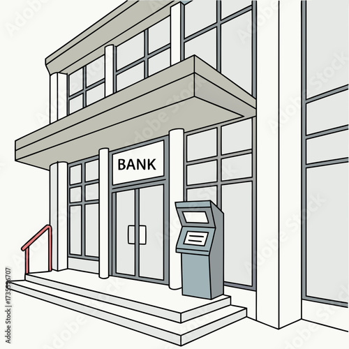 Vector art of a bank building with an atm outside, the bank is a symbol of financial security and stability, and the atm provides convenient access to cash