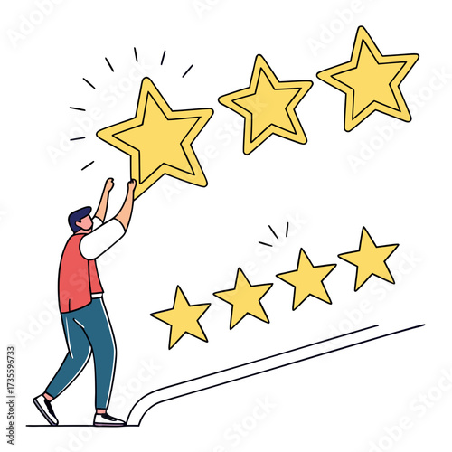 Vector art of a man places a star to complete a fivestar rating, this represents customer satisfaction, quality service, and positive feedback, showcasing excellence and reputation