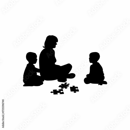 Silhouette of caregiver with kids playing puzzle games isolated on white background
