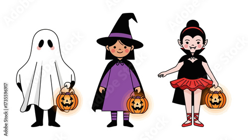 Spooky Halloween Trio: A collection of three charming Halloween characters, a ghostly apparition, a playful witch, and a dainty vampire, each holding a glowing Jack-o'-lantern.