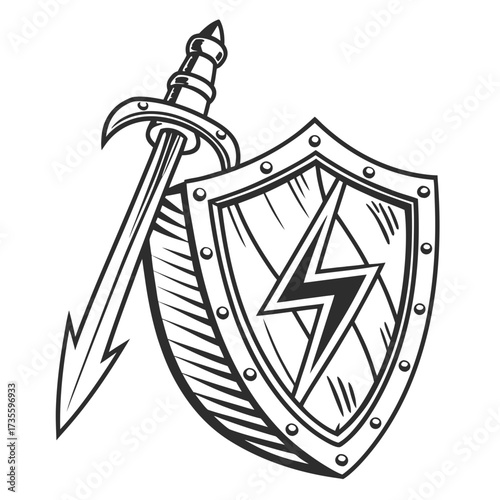 Vector art of a formidable sword and shield stand guard, the shield bearing a striking lightning bolt, a symbol of power, protection, and unwavering defense