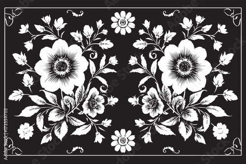 Elegant laser cut black and white floral frame design featuring beautifully arranged flowers and leaves.