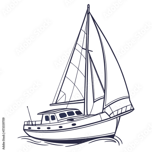 Vector art of elegant line art illustration of a modern sailboat gliding through the water, showcasing its sleek design and billowing sails, captures the essence of sailing