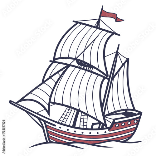 Illustration of a classic sailing ship with red accents, featuring billowing sails and a vintage design, evokes a sense of maritime history and adventure