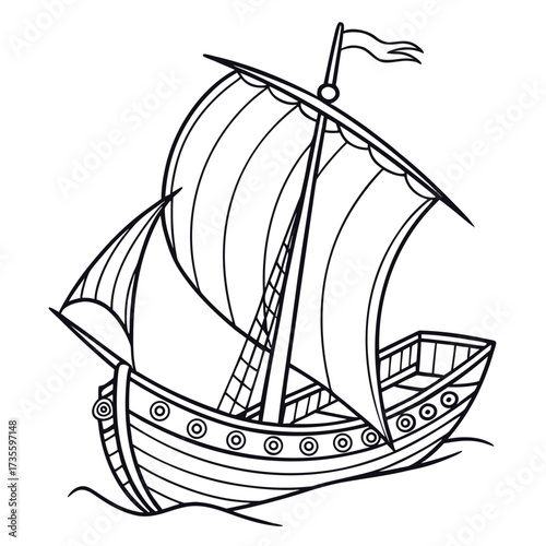 Vector art of detailed black and white illustration of a vintage viking ship with ornate details, featuring a single sail and traditional design elements, evokes history