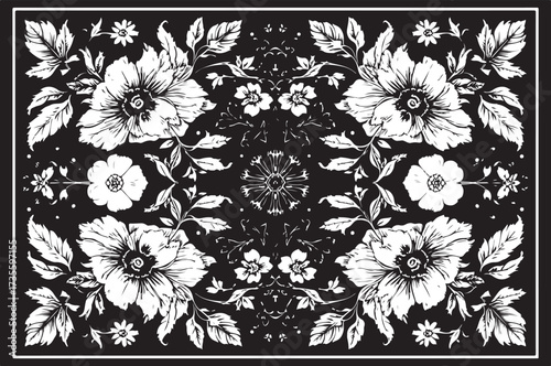 Elegant laser cut black and white floral frame design featuring beautifully arranged flowers and leaves.