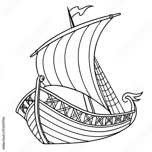 Illustration of a viking ship, showcasing its iconic design with a curved hull, large sail, and decorative details, evoking a sense of adventure and maritime history