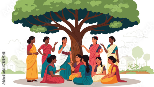 Women in saris gather under a tree for a community meeting outdoors today